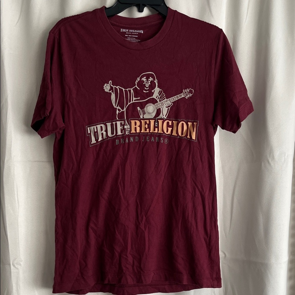 True‎ Religion Men’s Buddha Guitar Logo Maroon Burgundy Tee Shirt Small